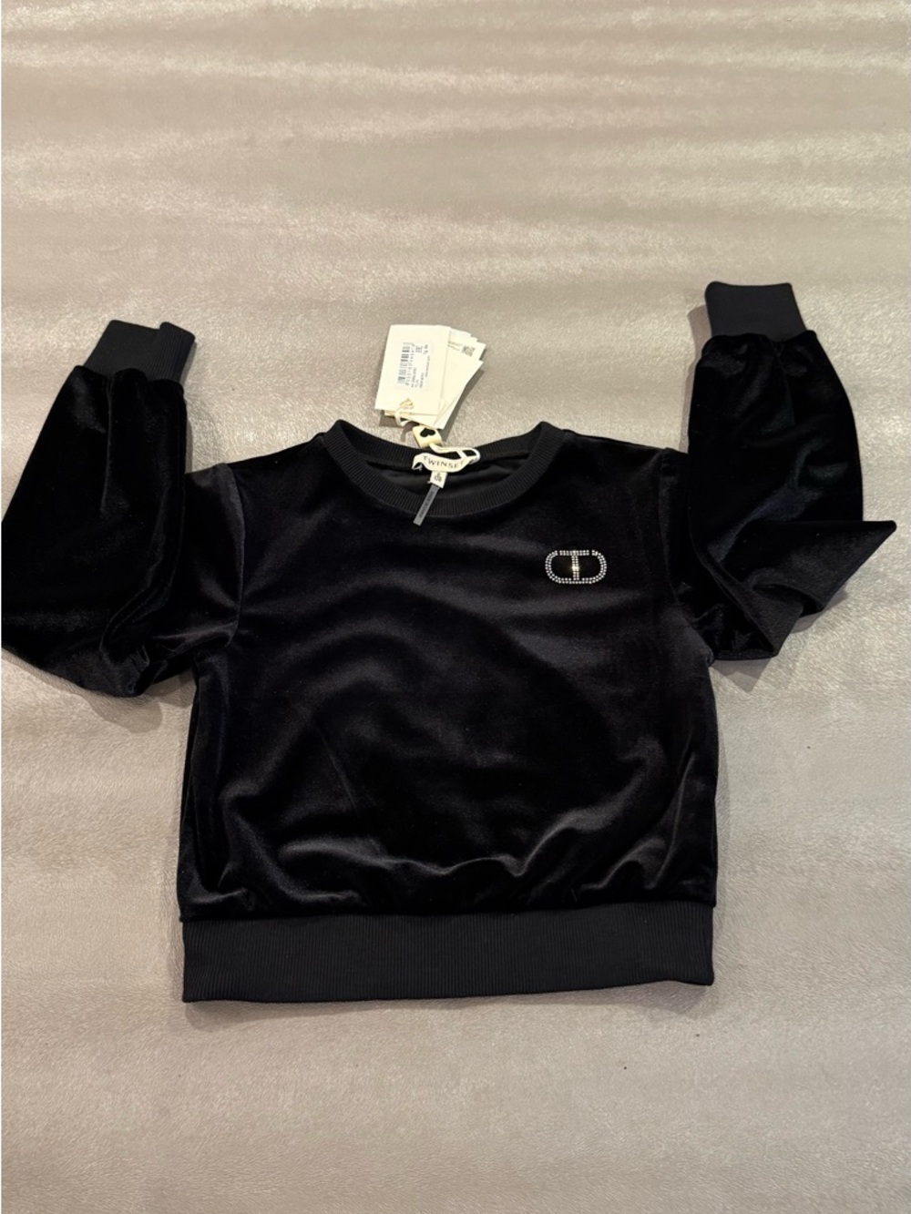 Twinset Black Ribbed Crewneck Top with Branded Label.  Size 8